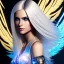 Placeholder: A beautiful portrait of a cute smiling cyberpunk woman with wings, long blond haire, high key lighting, volumetric light high details with white stripes and feathers and blue celtic paterns and luminous glasses in a starry background