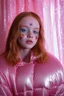 Placeholder: Autochrome , close up of sadie sink, she has flowers painted on her whole face, she has no make up on, she is wearing a shiny pink puffer dress, ,the light is pink, à pink curtain in the background with glitter
