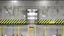 Placeholder: wall design for parking garage, concrete, yellow marking lines, hazard lines, weathering and water stains, realistic elevator doors in middle. a sign is above the elevator doors. rough painted hashmarks and parking lines