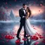 Placeholder: Hyper Realistic handsome muscular man in Black-Tuxedo & beautiful Girl in White-Gown ice-skate-dance on a frozen lake with dramatic environment & red-rose-petals at night