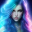 Placeholder: beautiful woman with long hair look the stars and northern aurora blue turquoise lights, blue, pink,