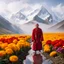 Placeholder: An ice Buddhist monk dressed in a red robe over a yellow shirt and wearing sandals, standing in a field of marigolds and pink violets against the backdrop of the snowy Himalayan peaks, the ground around him is wet from dew balls and morning mist, the monk's figure is reflected in a puddle of water he is standing next to, in a field a yak herder, sun rays Penetrating through white and gray clouds that cover the sky, cinematic photography, wide lens, sharp and clear colors, 24K