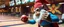 Placeholder: gnome superman inside a bowling hall, wrestling a monkey