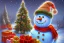 Placeholder: Impressionism, acrylic paint, pastel colors, christmas scene, snowman, christmas tree, christmas lights, wreath, presents