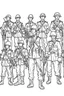 Placeholder: Outline art for coloring page OF A TOY SET OF SMALL AMERICAN PLASTIC TOY ARMY SOLDIERS, coloring page, white background, Sketch style, only use outline, clean line art, white background, no shadows, no shading, no color, clear