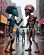 Placeholder: two arafed persons arguing in middle of street, yikes art, afrofuturism, arafed angularity, art cracking the road, angular aztec vibe, whimsical arafed nonsense, patchwork vibe, (((side view))) two arafed cyberlords fighting each other in a rainy whimsical downtown street with extreme body action and with (((exaggerated body parts))), (((oversize head))), sharp color contrasts, amazing shadows, (((exaggerated limbs and head))), minimal cozy, warm palette, bright bold warm summer colors