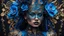 Placeholder: Beautiful vantawhite young faced girl adorned with glittering black colour bioluminescense blue gradient full bloomed rose blosooms voidcore shamanism headdress wearing metallic voidcore filigree black glittering botanical embossed costume armour bioluminescence blue gold and black wearing baroque style half face masque organic bio spinal ribbed detail of voudore decadent vantablack rainy gothica background extremely detailed hyperrealistic maximálist concept portrait art
