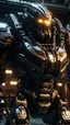 Placeholder: a large muscular mech with bright light up armor plates with a head of a gorilla
