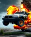 Placeholder: Apocalyptic vehicle driving towards the Camara with a massive exsplosion behind it