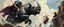 Placeholder: knights and lances tournament, horses hit hard, oil and airbrush, epic fantasy illustration, black giant on vampire rhino with steel gauntlets, scared knights jumping into water, people climbing falling ladders on the castle walls