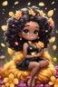 Placeholder: A sassy thick-lined airbrushed cartoon black chibi girl lounging lazily on her side, surrounded by flower petals. She has a golden lion tail curling playfully behind her curvy body. Looking up coyly, she grins widely, showing sharp lion teeth. Her poofy hair forms a mane framing her confident, regal expression.