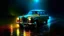 Placeholder: Vehículos reinterpretados en estilos pictóricos famosos: Pintura impresionista de un coche detenido bajo lluvia ligera donde la luz se descompone en manchas vibrantes sobre el metal húmedo
