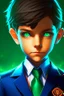 Placeholder: a 11 year old with dark circles around his eyes and he is in a suit and the suit is blue and orange with a emerald emblem and his emerald eyes are glowing emerald and he is 166CM tall