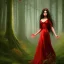 Placeholder: Girl with angelical face, black hair wearing long red dress in a magic forest, fantasy style, surrealism, 8k