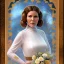 Placeholder: hyperspace background, complete and photo realistic detailed head to waist stunning photo realistic portrait of carrie fisher as Princess Leia in star wars with photo realistic wedding hairstyle by Mandy Jurgens and mucha and Richard Schmid and chuck close and chie yoshii, extraordinary and detailed ceremony dress of star wars,brown eyes