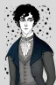 Placeholder: Black haired blue eyed freckled young male wizard in the style of aubrey beardsley