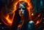 Placeholder: fire kígyó szemű pávián tattooed nature-witch girl with long hair and smoked background elemental flames lightning lights luminance colorful futuristic steampunk