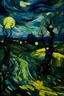 Placeholder: A melancholic and chaotic night landscape, oil painting , van gogh