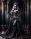 Placeholder: Beautiful Gothic Queen Vampire,length image angle distance dystopian full body,hold the wonderfully stainless steel bright shine shiny metal craft ,standing pose luxury king engrave sword,sorrounded roses flowers full color background