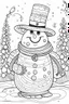 Placeholder: A jolly snowman with a carrot nose and a top hat, surrounded by a winter wonderland of sparkling snow and twinkling lights, clean line art, white background, well outlined, for kids coloring book.