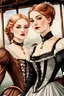 Placeholder: ((Athletic Petite Pale Russian Redhead Woman 30yo, Long Eye Lashes, Eye Shadow, Eye Liner, Wearing A Victorian Dress)), With A ((Blonde British Woman 28yo With Shoulder Length Bob Hair, Beautiful Makeup, Intricate Ear Rings, Wearing A victorian Corset Dress)), by a victorian air ship, water color painting