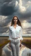 Placeholder: full body shot of a pretty woman, dressed in white shirt, full body portrait, nice perfect face with perfect face, hyper realistic concept, 8k resolution, photography quality, posing for a photo, photo realistic, standing in country side with a small river,nice cloudy sky