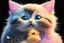 Placeholder: extreme cuteness, closeup, flowercut, shiny metallic pastel watercolor, black light art, golden glitter outlines, double exposure, merged layers, heart and love, A cute chibi mohair 3D happy cat mother watching her child take their first steps toward independence, pride and worry mixing in their eyes, S<AI in sunshine, ethereal, cinematic postprocessing, black background