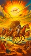 Placeholder: A chariot with two white horses on it a Sumerian warrior is leading war behind him thousands of soldiers and ufo hovering in the far distance in the sky