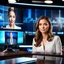 Placeholder: amodern tv studio a beautiful girl perfect face sitting next to desk presenting news looking at camera, with picture of an old man in tv screen at background