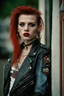 Placeholder: photo of a beautiful Polish young punk woman taken by a Mamiya M645 camera with portrait lens on colour medium-format film, red lips, blue eyes, red mohawk, black leather jacket, Ramones style, fishnet stockings, torn t-shirt, nosering, few earrings, belly ring