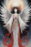 Placeholder: style of Yoshitaka Amano ~a fierce angel, standing with all her might wings outstretched staring deep into your soul, her ornate robe reminiscent of the stars in the night fiery sky. surrealist. Shades of luminous white and red piercing shadow, reminiscent of Beuys and Qian Xuan.