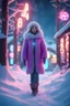 Placeholder: a pretty eskimo woman walks outside, neon lights, winter, snow, fantasy world, 4k