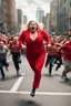 Placeholder: an obese terrified blonde woman in a red pant suit desperately running away from an angry mob of thousands of people chasing her down a city street