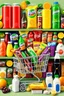 Placeholder: A design filled with various fruit juices, various chips, various types of Fanta, Coca-Cola, Sprite, various famous chocolates, a full shopping cart, packaged cheeses, butter, and pasteurized milk, in cheerful, vibrant, and eye-catching colors.