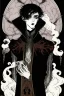 Placeholder: 17 year old boy, necromancer, friendly, looks dead, surrounded by weird smoke with eyes, wearing black robes, in the style of Harry Clarke