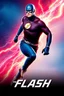 Placeholder: 1/4 side view, looking at the viewer, Movie Poster - "THE FLASH" - A massive, thick, extremely muscular, 7'8" tall man, ((skintight, formfitting, long-sleeved, Blue spandex bodysuit:1.5)), ((Silver knee-high boots:1.5)), ((Silve wrist gauntlets, blue fingerless gloves, silver, double holstered utility belt:1.5)), ((skintight, formfitting, blue spandex helmet with blue eye disguise,:1.5)), Running, multicolored lightning emanating from his body, an overly exaggerated muscular stature