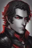 Placeholder: A headshot of a smirking, handsome, male medieval villain in his late 20's, he radiates raw dark power, wearing red and black leather fantasy armor, anime style, dark medieval background, intricately detailed