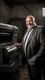 Placeholder: full figure shot photography of an italian smiling strong massive big chubby 50 year old man in smart gray suit, manly chest, unbuttoned shirt, short beard, shirtless, printer in an old printing house, next to a huge old printer, dim light, side light, ambient occlusion