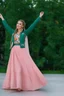 Placeholder: full body of very beautiful lady midi blue skirt and orange bluse , Braided hair ,standing idle happy pose in studio pretty makeup