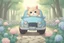 Placeholder: a cute proud chibi fluffy beige cat driving a car made of flower buds: roses, forget-me-nots, hydrangeaes on a cobblestone road in a forest next to a pond in sunshine
