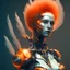 Placeholder: A beautiful portrait of a cute cyborg woman orange color scheme, high key lighting, volumetric light high details with white stripes and feathers and indian paterns and wimgs