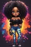 Placeholder: create a colorful abstract silhouette art image 8k of a chibi curvy black female wearing torn jeans pants and a black tie dye off the shoulder blouse. Prominent make up with hazel eyes. Highly detailed long tight curly afro in a hair wrap.