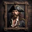 Placeholder: Hyper Realistic vintage frame portrait of a pirate with thick moustache with his sword on a rustic dark wall