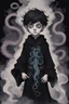Placeholder: 7 year old boy, necromancer, friendly, with a tentacle coming out of his stomach, surrounded by weird smoke with eyes, wearing black robes, in the style of Harry Clarke