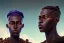 Placeholder: african head portrait, warrior costume,man and woman face ,village, meditation, woods, galaxy sky, 8k quality, unity engine, bloom,cinematic lighting,blue tone, octane render,