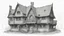 Placeholder: A front elevation line drawing of a fantasy mediaeval ramshackle house.