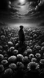 Placeholder: Bosch nightmares paining style Title:a field of poppies all colored in black and white, on red rose standing in the middle , 8k artistic photography, photorealistic concept art, soft natural volumetric cinematic perfect light, chiaroscuro, award-winning photograph, masterpiece, oil on canvas, Raphael, Caravaggio, Greg Rutkowski, people, beksinski, Giger