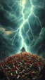 Placeholder: realistic nuclear muschrum, a colossal heap of flower . The stormy sky. When a lightning bolt strikes, shower of bone fragments scattering through, apocalyptic atmosphere, with the lightning casting eerie, flickering shadows over the grim,in the background big evil hooded charcuter