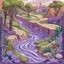 Placeholder: A light purple gorge with a swampy water river designed in Mexican folk art painted by Zosan