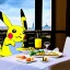 Placeholder: A pikachu fine dining with a view to the Eiffel Tower